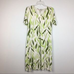 NWT Robert Kitchen Bamboo Leaf Dress Sz M White Green Stretch V Neck Fit & Flare
